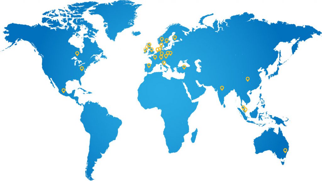 Map showing Robnor ResinLab distributors across Europe, Asia and the USA. 